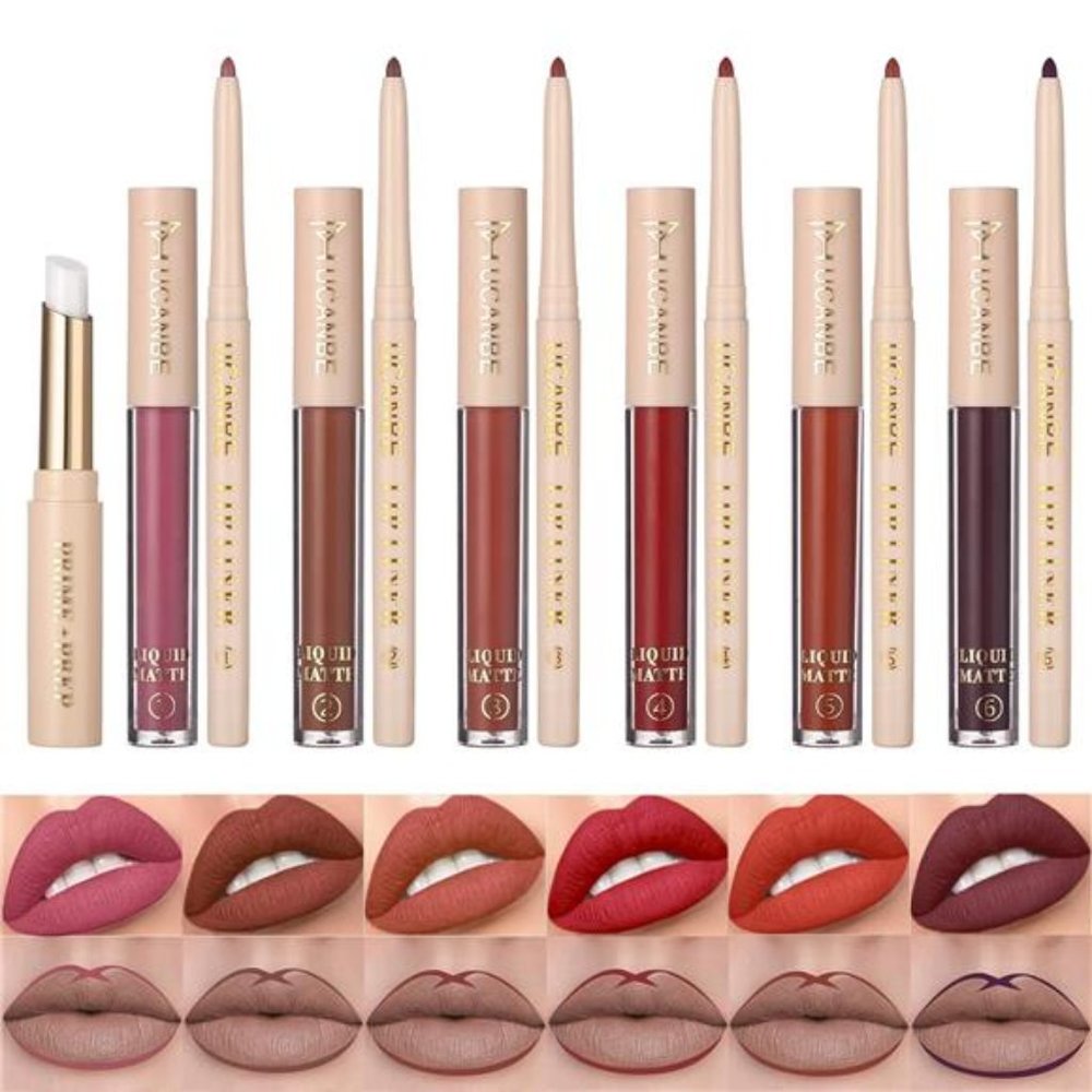Lipstick Makeup Kit, 6 Matte Liquid Lip Sticks + 6 Lip Liner Pens + 1 Lip Primer